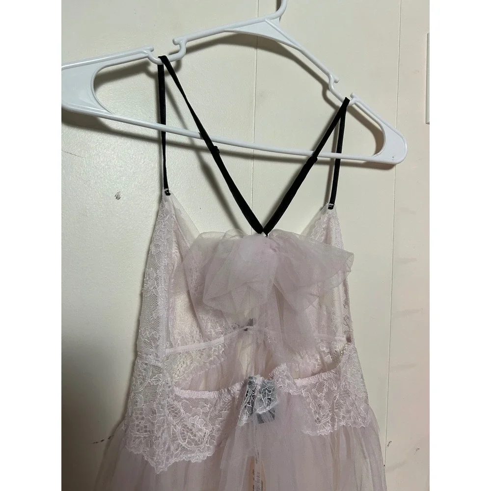 NWT Victoria's Secret Pink Lace Tulle Babydoll Chemise Lingerie L Coquette Sheer